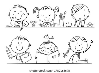 Cartoon kids in the classroom at school sitting at their desks, colorful vector illustration