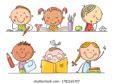 Cartoon kids in the classroom at school sitting at their desks, colorful vector illustration