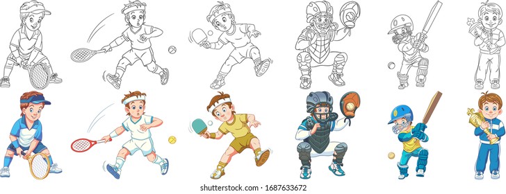 Cartoon kids. Clipart set for activity coloring book, t shirt print, icon, logo, label, patch or sticker. Vector illustration.