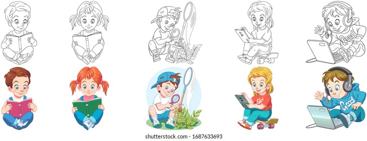Cartoon kids. Clipart set for activity coloring book, t shirt print, icon, logo, label, patch or sticker. Vector illustration.