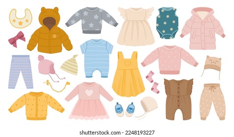 Cartoon kids clothes. Baby boys and girls casual garments, cute little pants, jumpsuits and dresses flat vector illustration collection. Childrens clothing set