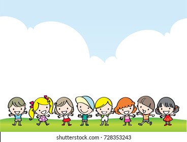 cartoon kids with clouds sky