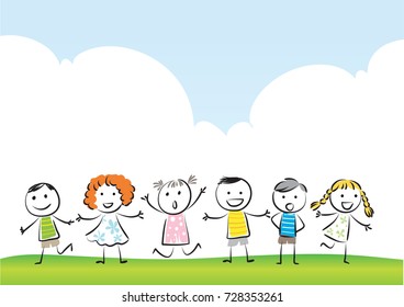 cartoon kids with clouds sky