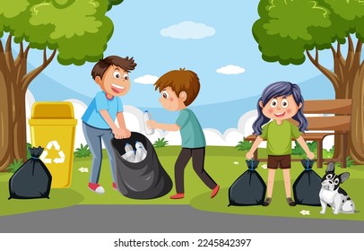 Cartoon kids collecting trash in the park illustration