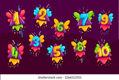 Cartoon kids color numbers set. Vector illustration fly 1-10 birthday icons 