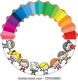 cartoon kids with color pencil circle border