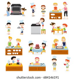 Cartoon Kids Cooking Set With Children And Adults Flat Characters Kitchen Furniture Equipment And Food Images Vector Illustration 