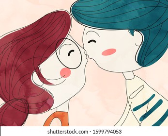 Cartoon Kids Couple Kissing on Pink Background.