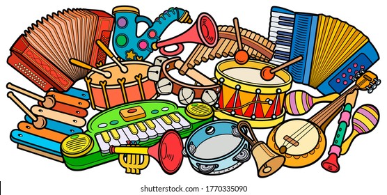 Cartoon kids cute doodles hand drawn musical instruments illustration. Many objects vector background. Funny artwork. 