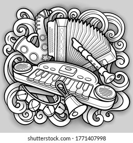 Cartoon kids cute doodles hand drawn musical instruments illustration. Many objects vector background. Funny artwork. 