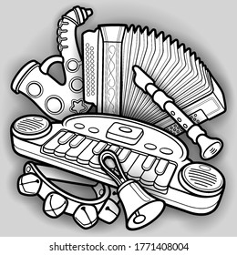 Cartoon kids cute doodles hand drawn musical instruments illustration. Many objects vector background. Funny artwork. 