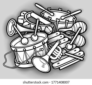 Cartoon kids cute doodles hand drawn musical instruments illustration. Many objects vector background. Funny artwork. 