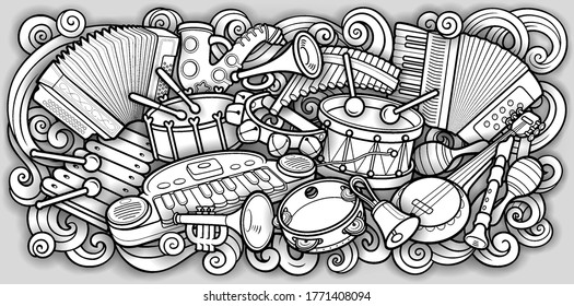 Cartoon kids cute doodles hand drawn musical instruments illustration. Many objects vector background. Funny artwork. 