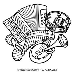 Cartoon kids cute doodles hand drawn musical instruments illustration. Many objects vector background. Funny artwork. 