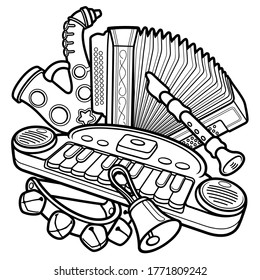 Cartoon kids cute doodles hand drawn musical instruments illustration. Many objects vector background. Funny artwork. 