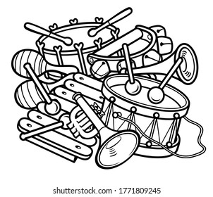 Cartoon kids cute doodles hand drawn musical instruments illustration. Many objects vector background. Funny artwork. 