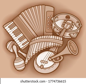 Cartoon kids cute doodles hand drawn musical instruments illustration. Many objects vector background. Funny artwork. 
