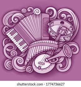 Cartoon kids cute doodles hand drawn musical instruments illustration. Many objects vector background. Funny artwork. 