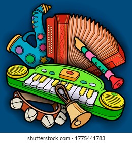Cartoon kids cute doodles hand drawn musical instruments illustration. Many objects vector background. Funny artwork. 