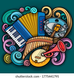 Cartoon kids cute doodles hand drawn musical instruments illustration. Many objects vector background. Funny artwork. 