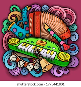 Cartoon kids cute doodles hand drawn musical instruments illustration. Many objects vector background. Funny artwork. 