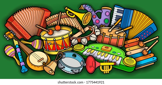 Cartoon kids cute doodles hand drawn musical instruments illustration. Many objects vector background. Funny artwork. 