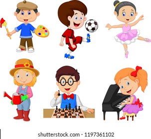 Cartoon kids with different hobbies on a white background