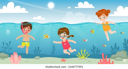 Cartoon Kinder tauchen im Sommer Meer. Glückliche Kinder schnarchen am Korallenriff. Adorable Schwimmbabys.