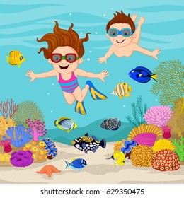 Cartoon kids diving under the tropical ocean