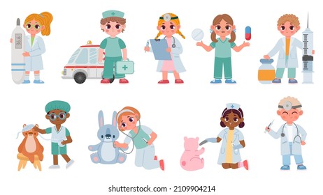 Cartoon kids doctors and nurses play and treat toys. Boys and girls medical characters with stethoscope, thermometer and pills vector set. Children examining toys with medical equipment