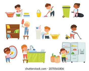 Cartoon Kids Doing Housework, Children Helping With Chores. Boys And Girls Vacuuming, Dusting, Washing Dishes, Mopping Floor Vector Set. Character Buying Food And Filling Fridge, Doing Laundry