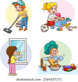 Cartoon kids doing housework, kids helping with housework. Boys and girls sweep, dust, wash dishes, mop the floor. cooking, washing laundry.