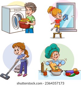 Cartoon kids doing housework, kids helping with housework. Boys and girls sweep, dust, wash dishes, mop the floor. cooking, washing laundry.