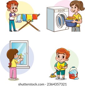 Cartoon kids doing housework, kids helping with housework. Boys and girls sweep, dust, wash dishes, mop the floor. cooking, washing laundry.