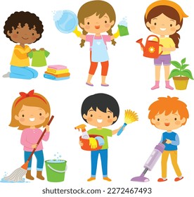 Cartoon kids doing housework or home chores such as cleaning and laundry. 