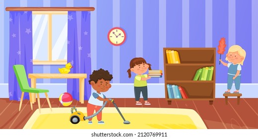 Cartoon kids doing housework in living room. Boy vacuuming carpet with hoover. Girl dusting book shelf. Children doing household chores. Kids doing daily routine and helping parents vector