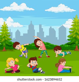 Cartoon kids doing yoga in green city park