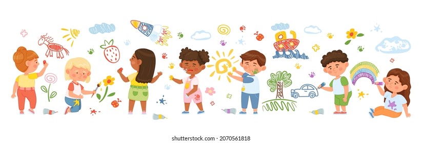 Cartoon kids drawing wall  creative children draw and pencils paint  Preschool characters painting colorful pictures vector illustration  Boys   girls having activity in kindergarten