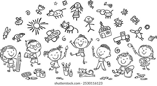 Cartoon kids with drawing tools. Children doing creative activity with brushes and paints drawing pictures, outline