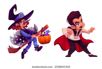 Cartoon kids dressed up in festive costumes for Halloween celebration. Young witch wears purple hat, holds flying broom and magic pumpkin basket. Small vampire boy in red cape shows dramatic pose.