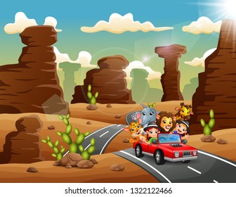 Cartoon kids driving a red car with wild animals through the desert