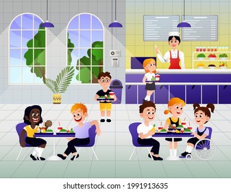 Cartoon Kids Eating Breakfast At School. A Vector Illustration Of Elementary Students Eating Lunch In Cafeteria