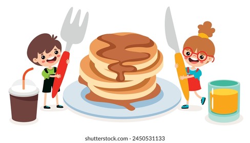 Cartoon Kids Eating A Pancake