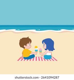 Cartoon kids enjoy ice cream at beach picnic illustration.