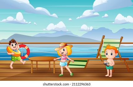 Cartoon kids enjoying the scenery and having fun on deck