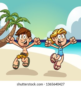 Cartoon Kids Enjoying Summer Vacations On The Beach Clip Art. Vector Illustration With Simple Gradients. Some Elements On Separate Layers. 
