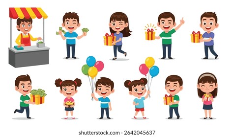 Cartoon Kids Exchanging Gifts Celebrating Special Occasions and Expressing Gratitude Together Cheerfully