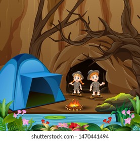 Cartoon kids in explorer outfit camping out near the cave