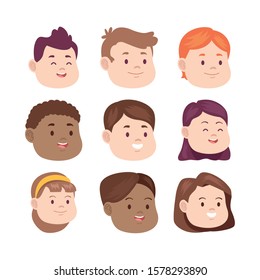 cartoon kids faces icon set over white background, vector illustration