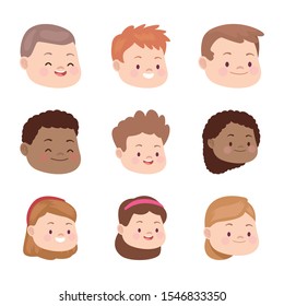 cartoon kids faces smiling icon set over white background, colorful design. vector illustration